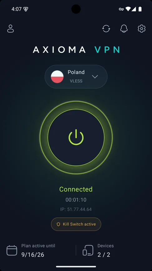 Connected state in the Axioma VPN app