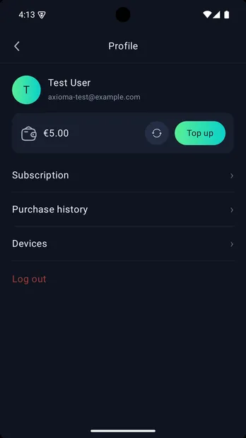 Account and balance in the Axioma VPN app