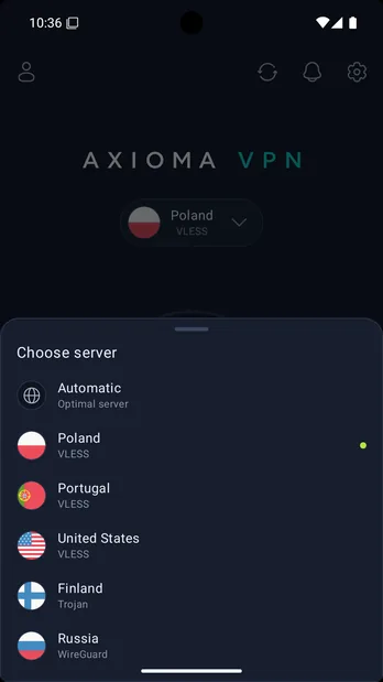 Server list in the Axioma VPN app